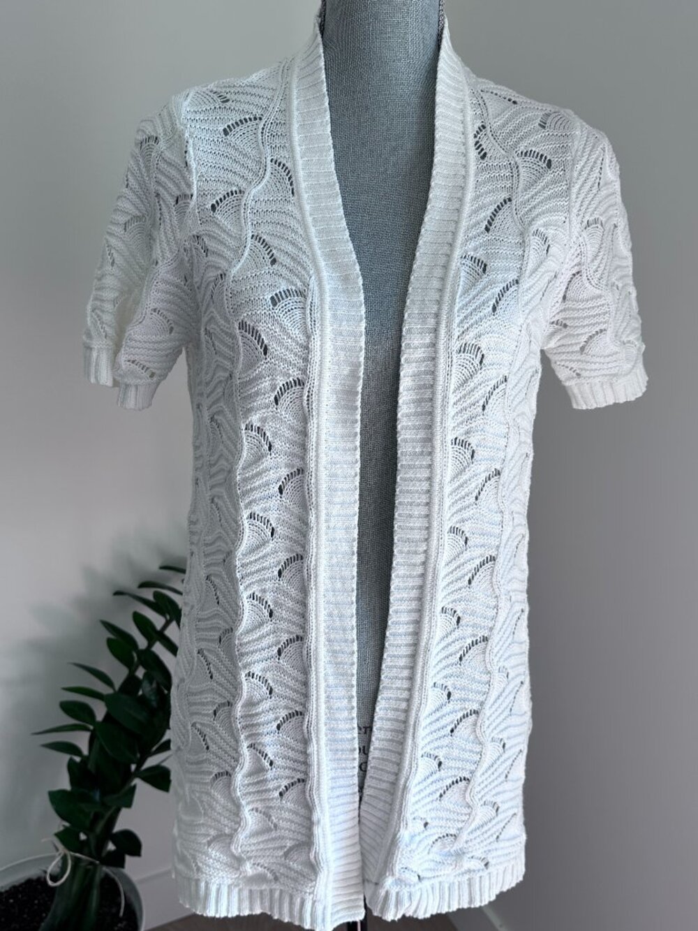 Vintage 90's Cotton Crochet Knit Long Line Open Cardigan sz M - ecru